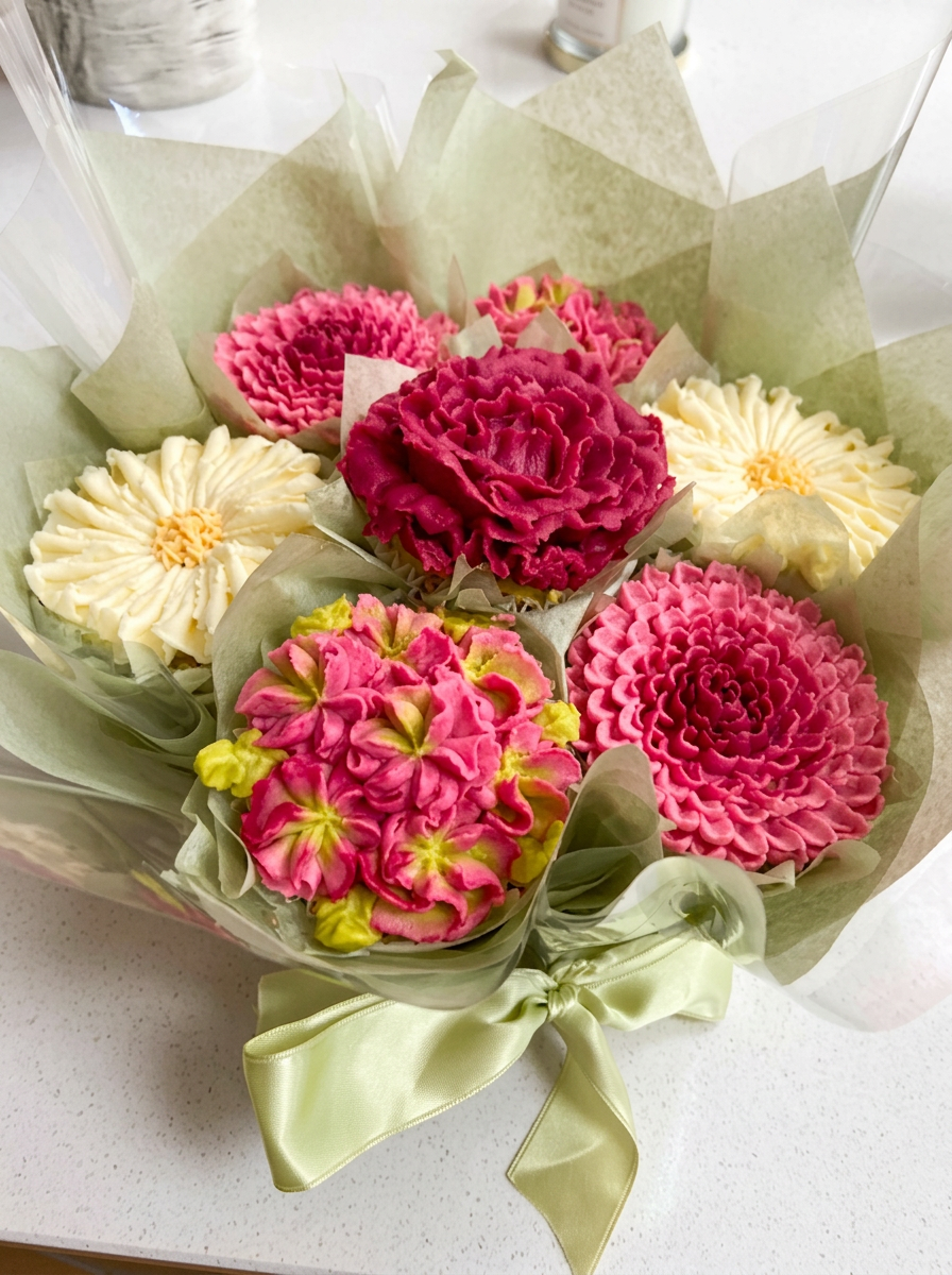 Botanical Buttercream cupcake bouquet with pink and cream buttercream flowers wrapped in sage tissue and a satin bow