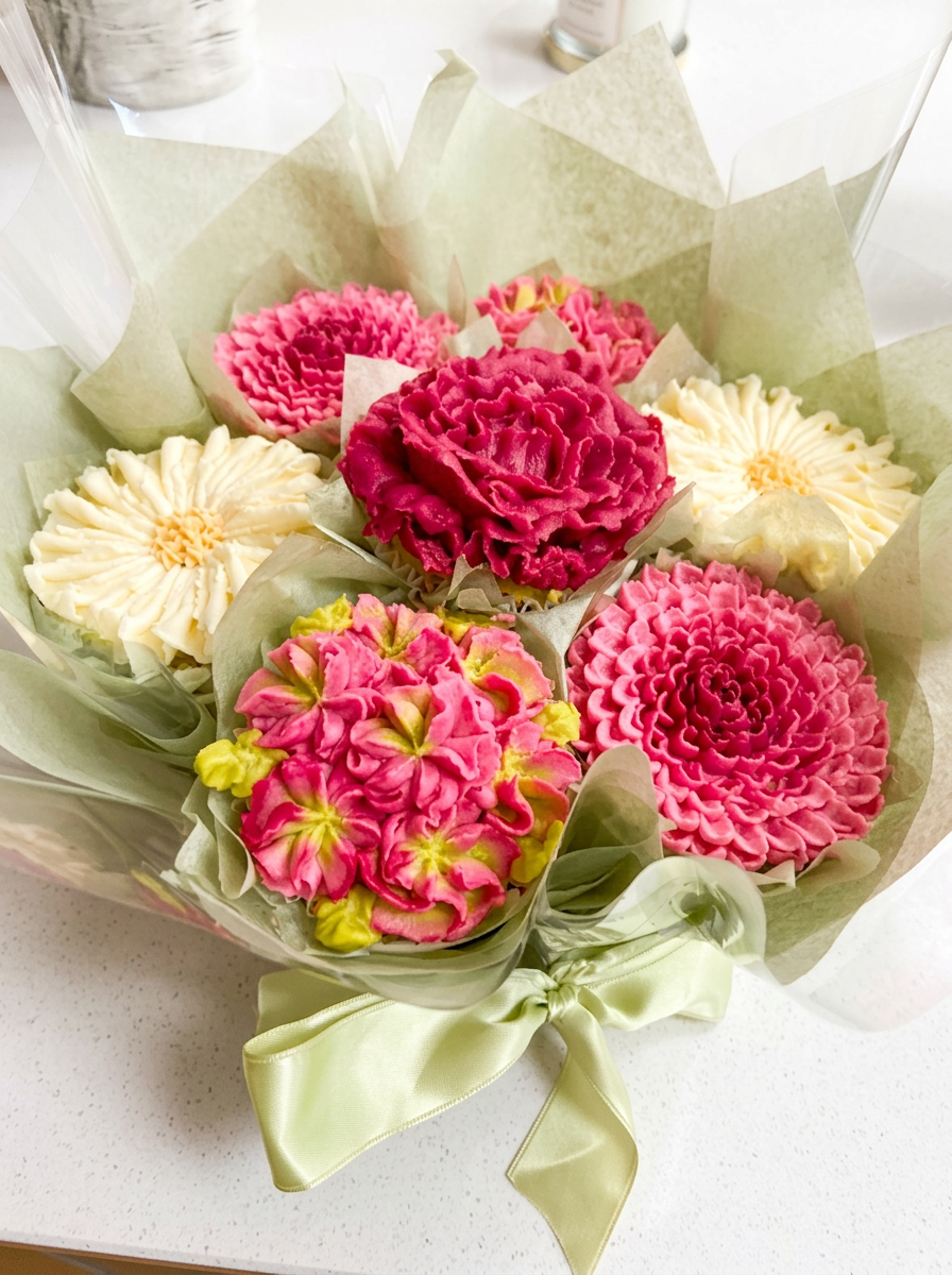 Botanical Buttercream Garden Bouquet with pink and cream buttercream flowers wrapped in sage tissue and a satin bow